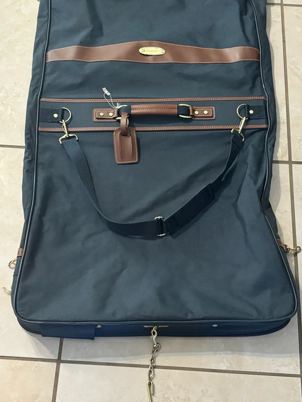Express Navy Garment Bag with Brown Trim and Hanging Hook